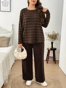 SHEIN LUNE Plus Size Comfortable Striped Long Sleeve Top And Pants 2 Pieces Set Fall - Multicolor - View 7