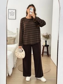 SHEIN LUNE Plus Size Comfortable Striped Long Sleeve Top And Pants 2 Pieces Set Fall - Multicolor - View 5