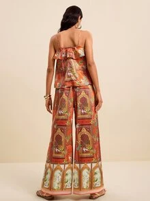 LOTSLUV Women's Summer Vacation Boho Tropical Al-Adha Rust Orange Coconut Tree,White Crane,Architecture Printed Camisole Wide Leg Pants 2 Pieces Set Vacation - Multicolor - View 2