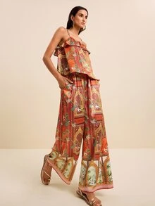 LOTSLUV Women's Summer Vacation Boho Tropical Al-Adha Rust Orange Coconut Tree,White Crane,Architecture Printed Camisole Wide Leg Pants 2 Pieces Set Vacation - Multicolor - View 4