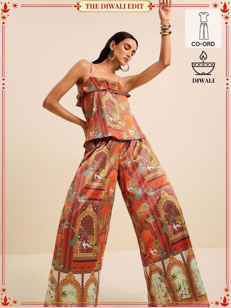 LOTSLUV Women's Summer Vacation Boho Tropical Al-Adha Rust Orange Coconut Tree,White Crane,Architecture Printed Camisole Wide Leg Pants 2 Pieces Set Vacation - Multicolor - View 1