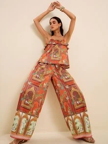 LOTSLUV Women's Summer Vacation Boho Tropical Al-Adha Rust Orange Coconut Tree,White Crane,Architecture Printed Camisole Wide Leg Pants 2 Pieces Set Vacation - Multicolor - View 6