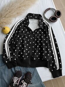 Comfortcana Plus Size Black Stand Collar Polka Dot Retro Sports College Sweatshirt Fall - Black - View 6