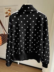 Comfortcana Plus Size Black Stand Collar Polka Dot Retro Sports College Sweatshirt Fall - Black - View 2