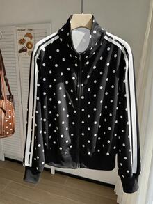 Comfortcana Plus Size Black Stand Collar Polka Dot Retro Sports College Sweatshirt Fall - Black - View 8