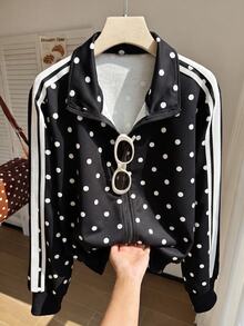 Comfortcana Plus Size Black Stand Collar Polka Dot Retro Sports College Sweatshirt Fall - Black - View 10