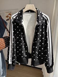 Comfortcana Plus Size Black Stand Collar Polka Dot Retro Sports College Sweatshirt Fall - Black - View 4
