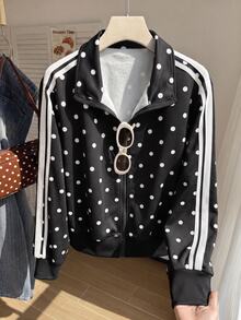 Comfortcana Plus Size Black Stand Collar Polka Dot Retro Sports College Sweatshirt Fall - Black - View 9