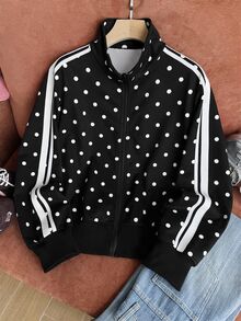 Comfortcana Plus Size Black Stand Collar Polka Dot Retro Sports College Sweatshirt Fall - Black - View 1