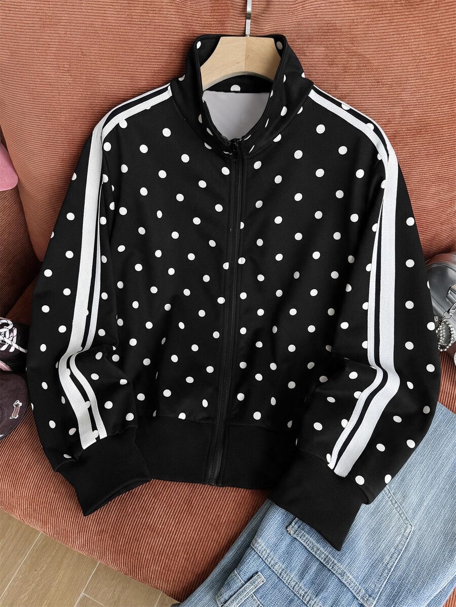 Comfortcana Plus Size Black Stand Collar Polka Dot Retro Sports College Sweatshirt Fall - Black - View 1