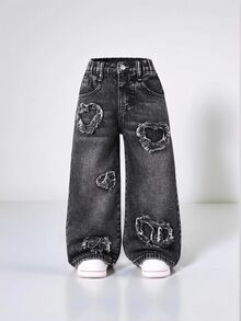 SHEIN Explorewe 年轻女孩休闲都市浅色水洗全松紧腰心形贴布刺绣阔腿裤，带平口袋，最佳日常时尚单品，适合学校、校园、大学穿着。 - 黑色 - 查看 4
