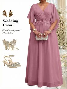 Fleurora Plus Size Dusty Pink Lace 3D Floral Dress Spring Summer Shiny Curve For Wedding Formal Christening Guest Dates Mother Of The Bride Evening Banquet - Dusty Pink - View 7