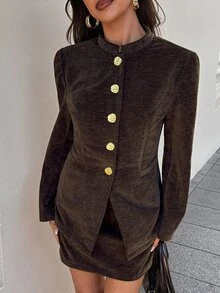 Aloruh Women's Fall Elegant Casual Office Dinner Retro Small Collar Fitted Light Business Suit Set Young Street Style Skirt Dark Brown Chocolate Brown - Army Green - View 5