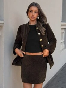 Aloruh Women's Fall Elegant Casual Office Dinner Retro Small Collar Fitted Light Business Suit Set Young Street Style Skirt Dark Brown Chocolate Brown - Army Green - View 8