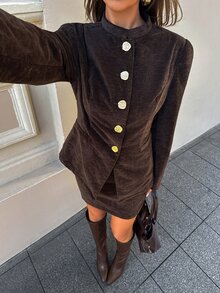 Aloruh Women's Fall Elegant Casual Office Dinner Retro Small Collar Fitted Light Business Suit Set Young Street Style Skirt Dark Brown Chocolate Brown - Army Green - View 4
