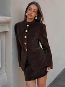 Aloruh Women's Fall Elegant Casual Office Dinner Retro Small Collar Fitted Light Business Suit Set Young Street Style Skirt Dark Brown Chocolate Brown - Army Green - View 7