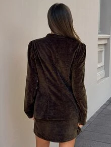 Aloruh Women's Fall Elegant Casual Office Dinner Retro Small Collar Fitted Light Business Suit Set Young Street Style Skirt Dark Brown Chocolate Brown - Army Green - View 6
