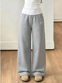 Teen Girl' 配色收口高腰寬腿褲，寬鬆垂墜修飾腿型，小蝴蝶刺繡；黑棕色冬季海灘風 - 灰色 - 查看 4