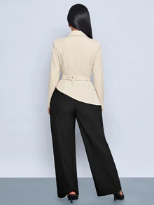 SOLERSUN Blazer Tipis Non-Stretch Lengan Panjang dengan Hem Asimetris dan Kancing Model Wrap, Warna Putih Gading, Kasual Musim Gugur, Profesional, untuk Perjalanan Harian ke Kantor - Aprikot - View 3