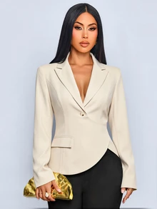 SOLERSUN Blazer Tipis Non-Stretch Lengan Panjang dengan Hem Asimetris dan Kancing Model Wrap, Warna Putih Gading, Kasual Musim Gugur, Profesional, untuk Perjalanan Harian ke Kantor - Aprikot - View 9
