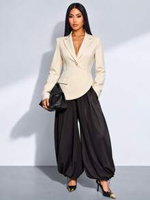 SOLERSUN Blazer Tipis Non-Stretch Lengan Panjang dengan Hem Asimetris dan Kancing Model Wrap, Warna Putih Gading, Kasual Musim Gugur, Profesional, untuk Perjalanan Harian ke Kantor - Aprikot - View 2