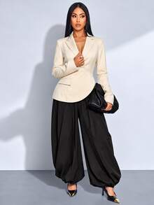 SOLERSUN Blazer Tipis Non-Stretch Lengan Panjang dengan Hem Asimetris dan Kancing Model Wrap, Warna Putih Gading, Kasual Musim Gugur, Profesional, untuk Perjalanan Harian ke Kantor - Aprikot - View 4