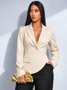 SOLERSUN Blazer Tipis Non-Stretch Lengan Panjang dengan Hem Asimetris dan Kancing Model Wrap, Warna Putih Gading, Kasual Musim Gugur, Profesional, untuk Perjalanan Harian ke Kantor - Aprikot - View 7