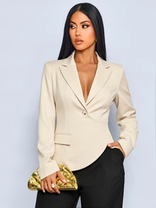 SOLERSUN Blazer Tipis Non-Stretch Lengan Panjang dengan Hem Asimetris dan Kancing Model Wrap, Warna Putih Gading, Kasual Musim Gugur, Profesional, untuk Perjalanan Harian ke Kantor - Aprikot - View 6