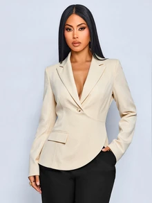 SOLERSUN Blazer Tipis Non-Stretch Lengan Panjang dengan Hem Asimetris dan Kancing Model Wrap, Warna Putih Gading, Kasual Musim Gugur, Profesional, untuk Perjalanan Harian ke Kantor - Aprikot - View 8