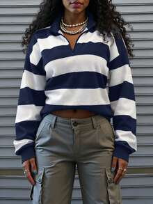 Rovax Women's Casual Patchwork Color Long Sleeve Sweatshirt, Versatile For Daily Wear - Navy Blue - View 3