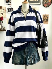Rovax Women's Casual Patchwork Color Long Sleeve Sweatshirt, Versatile For Daily Wear - Navy Blue - View 6