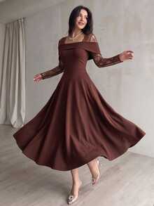 Modelyn Gaun Malam Elegan untuk Wanita dengan Desain Leher Persegi dan Punggung Terbuka, Tanpa Lengan, dan Rok Penuh, Motif Renda Seksi. - Coklat - View 4