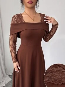 Modelyn Gaun Malam Elegan untuk Wanita dengan Desain Leher Persegi dan Punggung Terbuka, Tanpa Lengan, dan Rok Penuh, Motif Renda Seksi. - Coklat - View 3