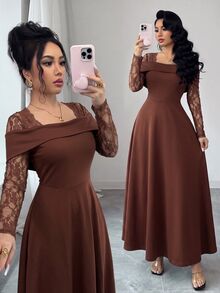 Modelyn Gaun Malam Elegan untuk Wanita dengan Desain Leher Persegi dan Punggung Terbuka, Tanpa Lengan, dan Rok Penuh, Motif Renda Seksi. - Coklat - View 6
