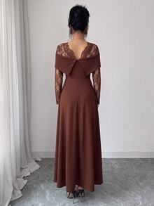 Modelyn Gaun Malam Elegan untuk Wanita dengan Desain Leher Persegi dan Punggung Terbuka, Tanpa Lengan, dan Rok Penuh, Motif Renda Seksi. - Coklat - View 9