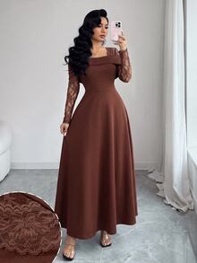 Modelyn Gaun Malam Elegan untuk Wanita dengan Desain Leher Persegi dan Punggung Terbuka, Tanpa Lengan, dan Rok Penuh, Motif Renda Seksi. - Coklat - View 7