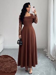 Modelyn Gaun Malam Elegan untuk Wanita dengan Desain Leher Persegi dan Punggung Terbuka, Tanpa Lengan, dan Rok Penuh, Motif Renda Seksi. - Coklat - View 8