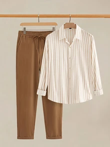 EASEVO Men's Plus Size Striped Single-Breasted Shirt And Drawstring Waist Pants Set Halloween Winter Party Autumn  - Multicolor - View 1