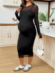 SHEIN High-Stretch Mesh Casual Maternity Dress,Maternity Summer Fashion Mesh Bodycon Dress,Autumn Fall - Black - View 3