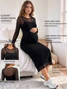 SHEIN High-Stretch Mesh Casual Maternity Dress,Maternity Summer Fashion Mesh Bodycon Dress,Autumn Fall - Black - View 1