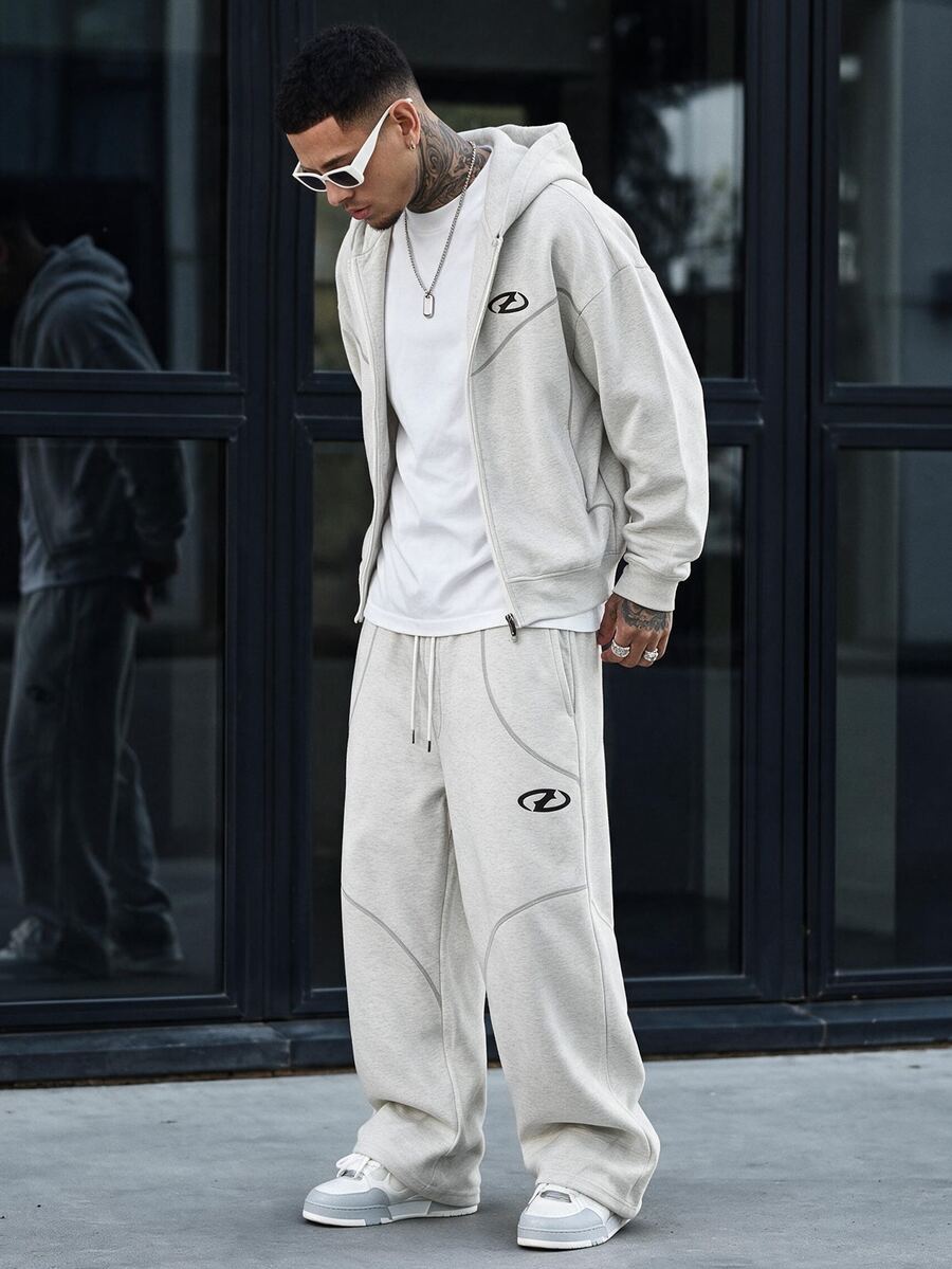 Devon Thys 2pcs Men's Fluffy Hooded Zip-Up Sweatshirt And Drawstring Pants Set, Fall Clothes, Winter - Apricot - View 1