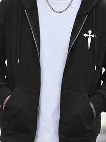 Devon Thys 男士休闲时尚街头连帽衫，十字刺绣，拉链前襟，抽绳设计，宽松版型，适合春秋季日常通勤。 - 黑色 - 查看 3