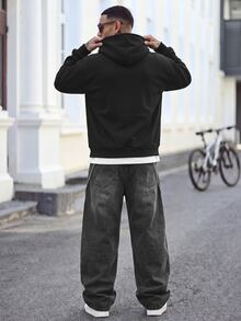 Devon Thys 男士休闲时尚街头连帽衫，十字刺绣，拉链前襟，抽绳设计，宽松版型，适合春秋季日常通勤。 - 黑色 - 查看 2