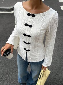 Siren Gaze All-Season New Embroidered Long Sleeve Blouse For Women - Apricot - View 5