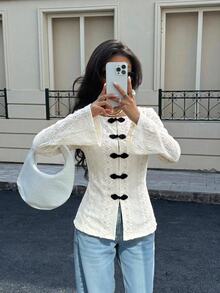 Siren Gaze All-Season New Embroidered Long Sleeve Blouse For Women - Apricot - View 4