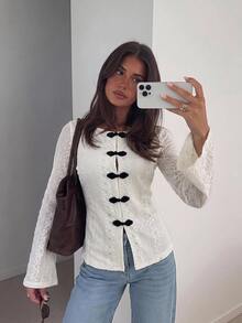Siren Gaze All-Season New Embroidered Long Sleeve Blouse For Women - Apricot - View 2