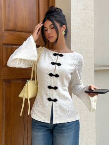 Siren Gaze All-Season New Embroidered Long Sleeve Blouse For Women - Apricot - View 7
