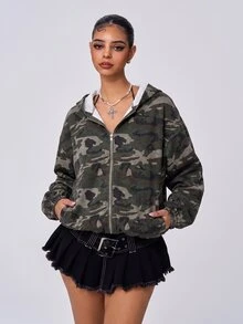 Jeanoix Fall Halloween Casual Y2K A Line Drawstring Hooded Zip Up Camo Black Denim Going Out Denim Jacket For Women - Multicolor - View 4