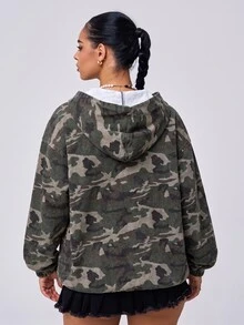 Jeanoix Fall Halloween Casual Y2K A Line Drawstring Hooded Zip Up Camo Black Denim Going Out Denim Jacket For Women - Multicolor - View 2