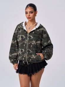 Jeanoix Fall Halloween Casual Y2K A Line Drawstring Hooded Zip Up Camo Black Denim Going Out Denim Jacket For Women - Multicolor - View 1